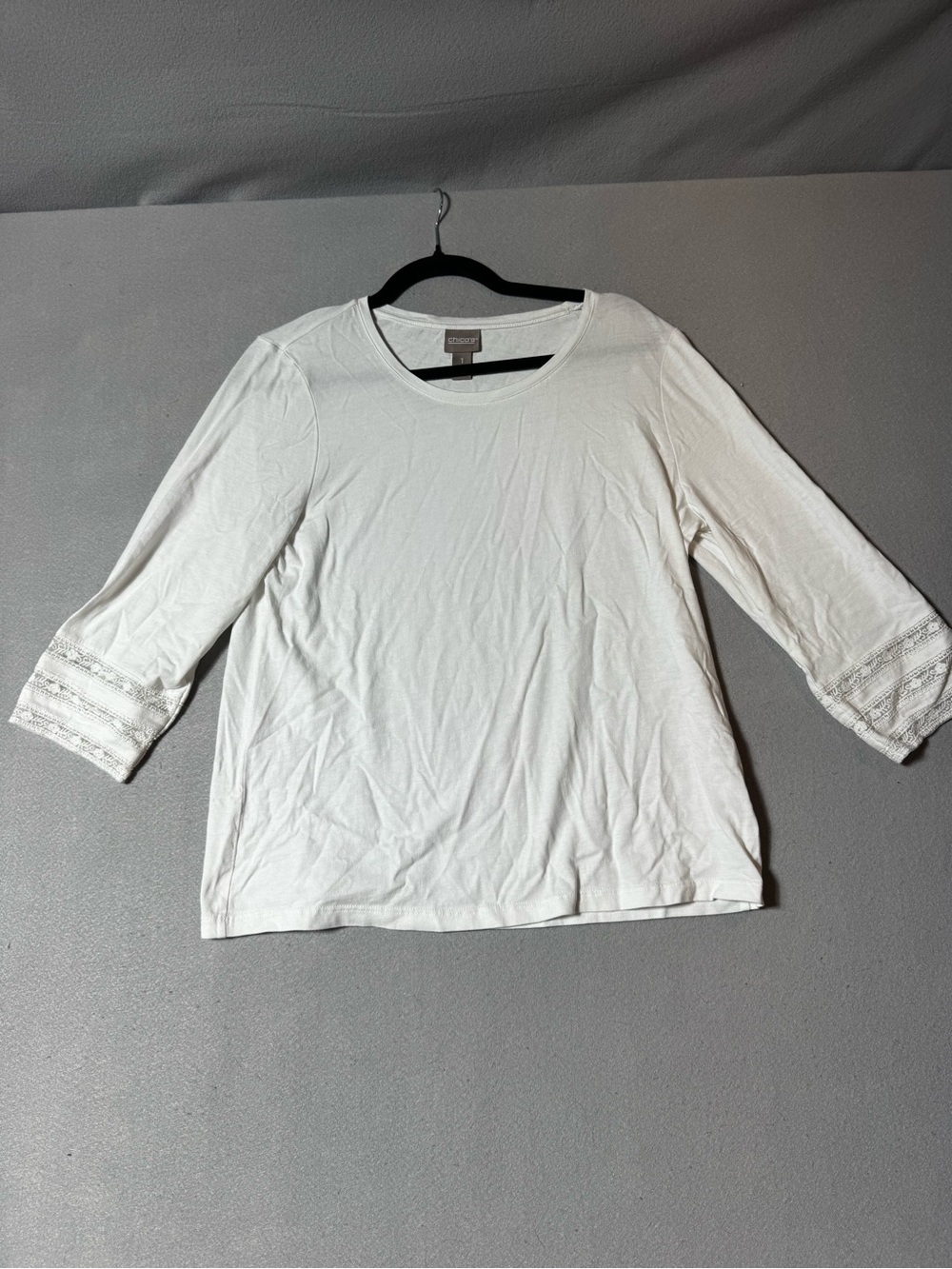 Chico's White Long Sleeve Tee with Lace-Trim Cuffs (US Size 8)